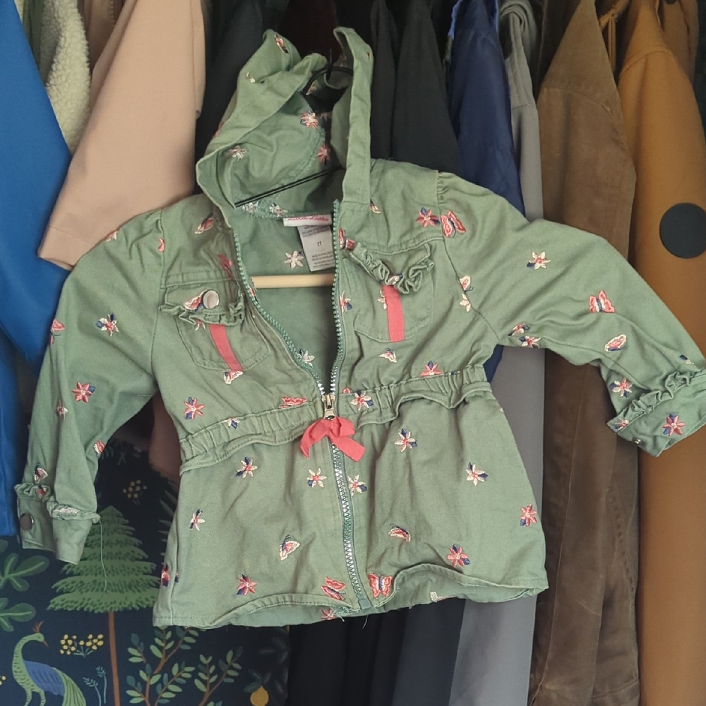 Little Lass Green Jacket with Floral Embroidery